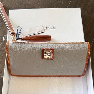 Dooney & Bourke Gray Pebble Grain Wristlet with Brown Trim